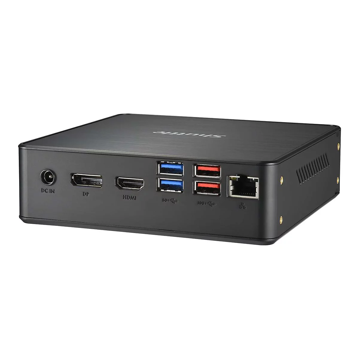 Mini-PC noir avec ports : alimentation, USB, HDMI, rÃ©seau. Inscription SHUTTLE.