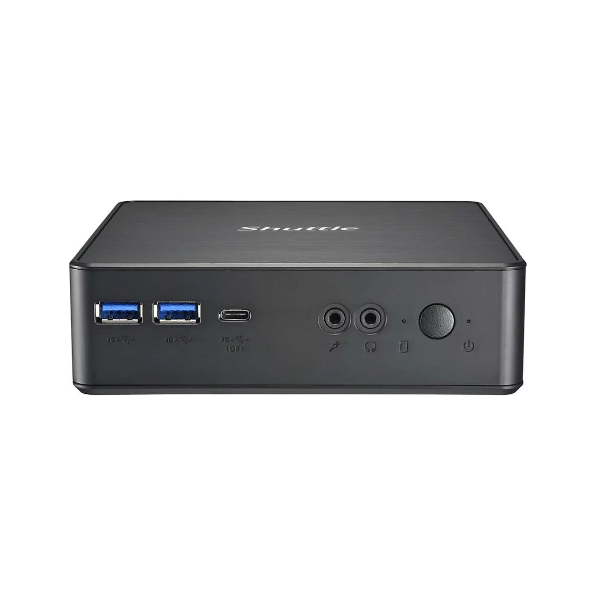 Mini-PC noir avec ports: USB, audio, bouton d'alimentation.