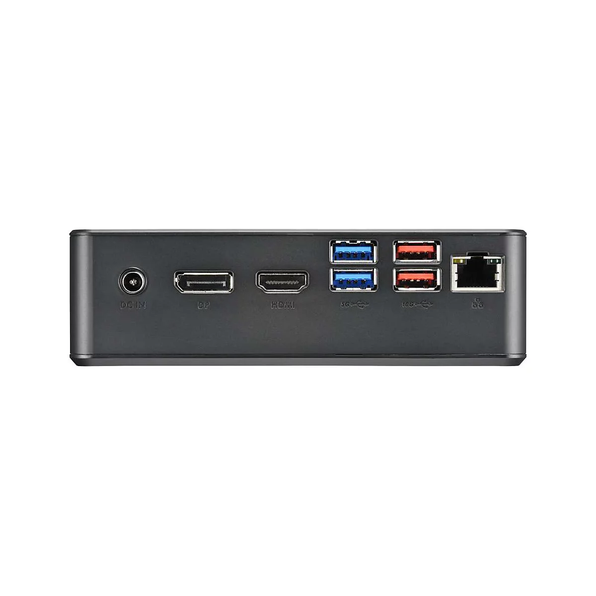 Panneau arriÃ¨re de mini-PC gris avec ports : alimentation, HDMI, LAN et USB.