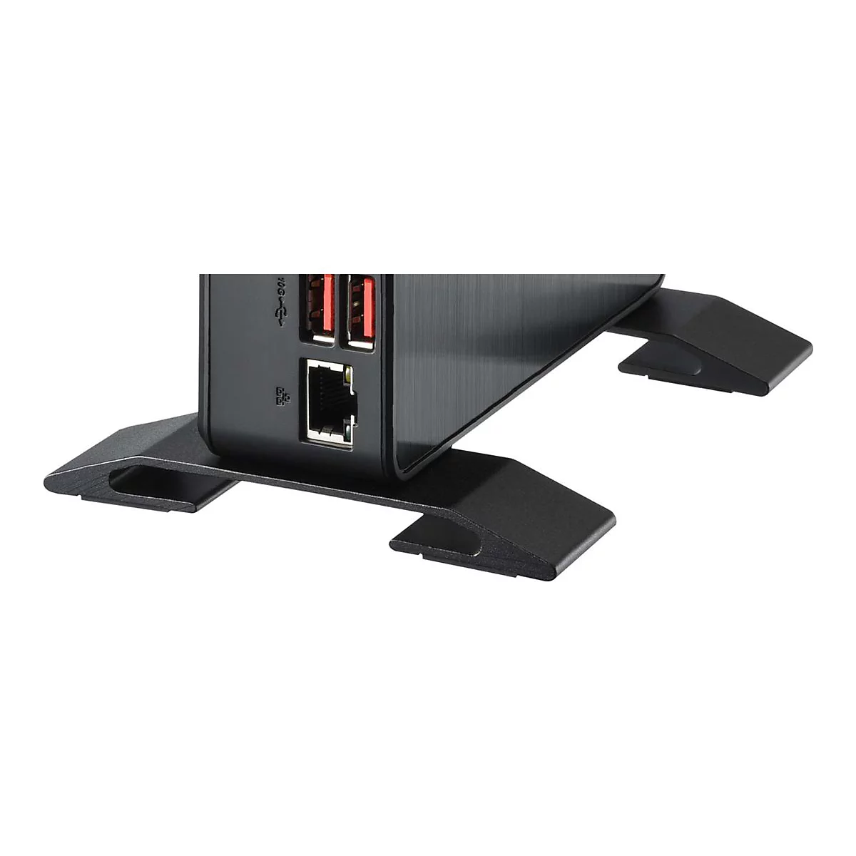 Support de PC noir avec appareil affichant des ports USB rouges et un port Ethernet.