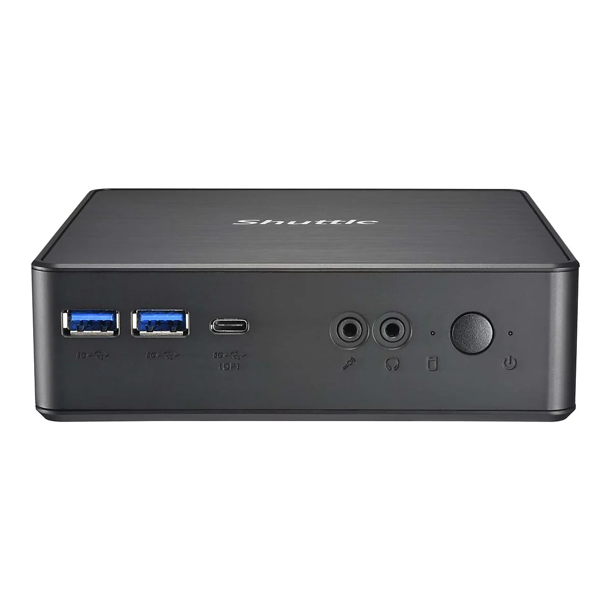Ein schwarzer Shuttle Mini-PC. Zwei USB-Anschlüsse, Audioausgänge und ein Power-Knopf auf der Vorderseite.