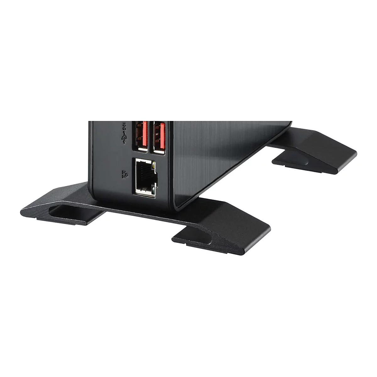 Detailaufnahme einer schwarzen Mini-PC-Rückseite mit Anschlüssen, auf einem schwarzen Ständer.