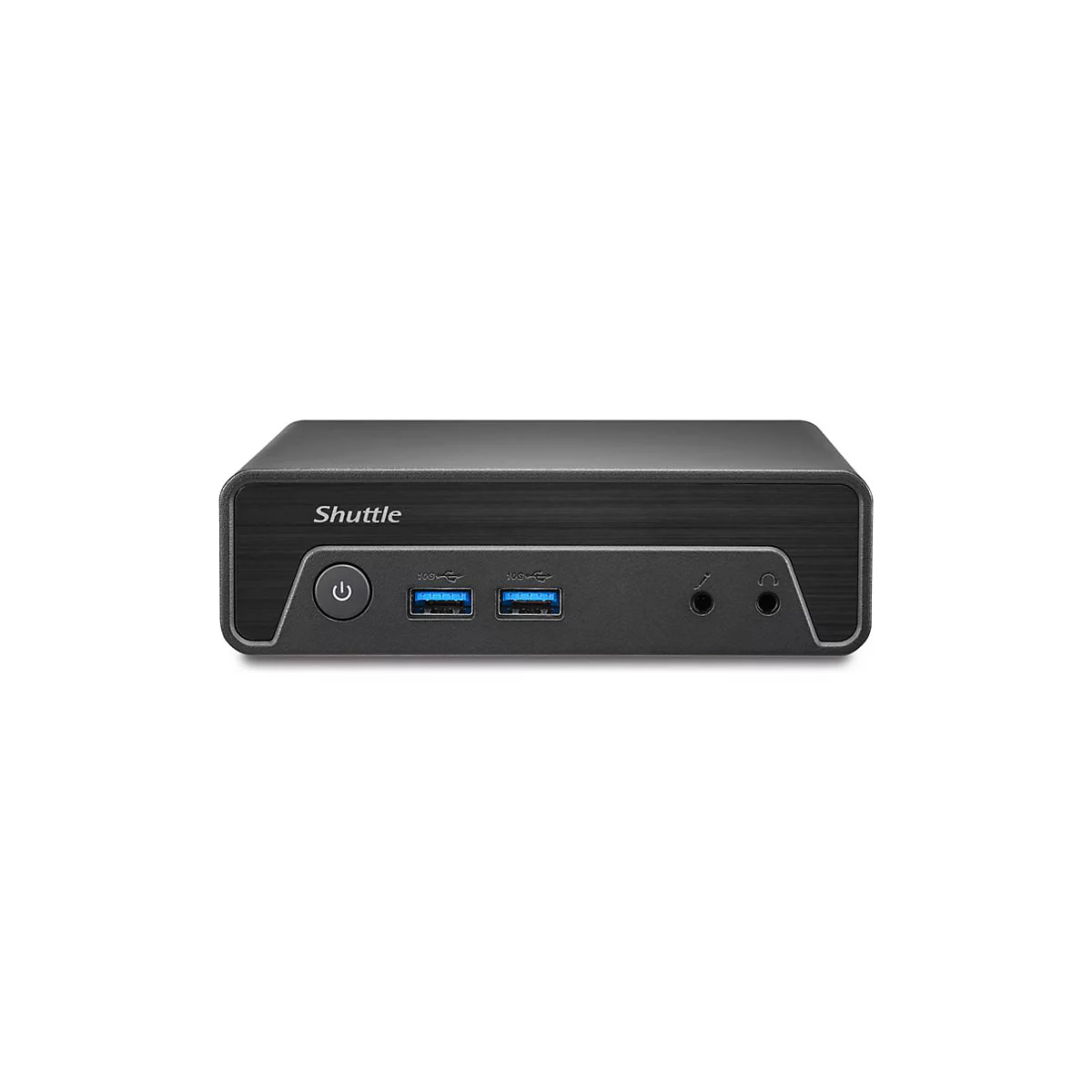 Schwarzer Shuttle-Mini-PC, Frontansicht. Mit USB-Anschlüssen, Audio-Eingängen und Ein-/Aus-Schalter.