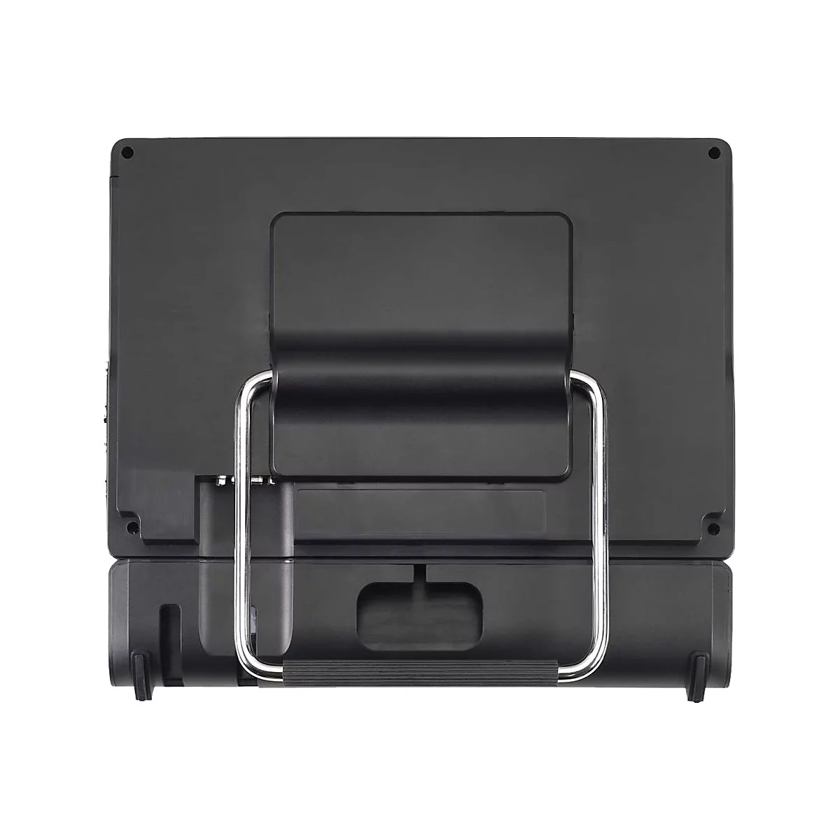 Rückseite eines schwarzen Bildschirms mit Metallbügel. Oben und unten sind zusätzliche Elemente zu sehen.