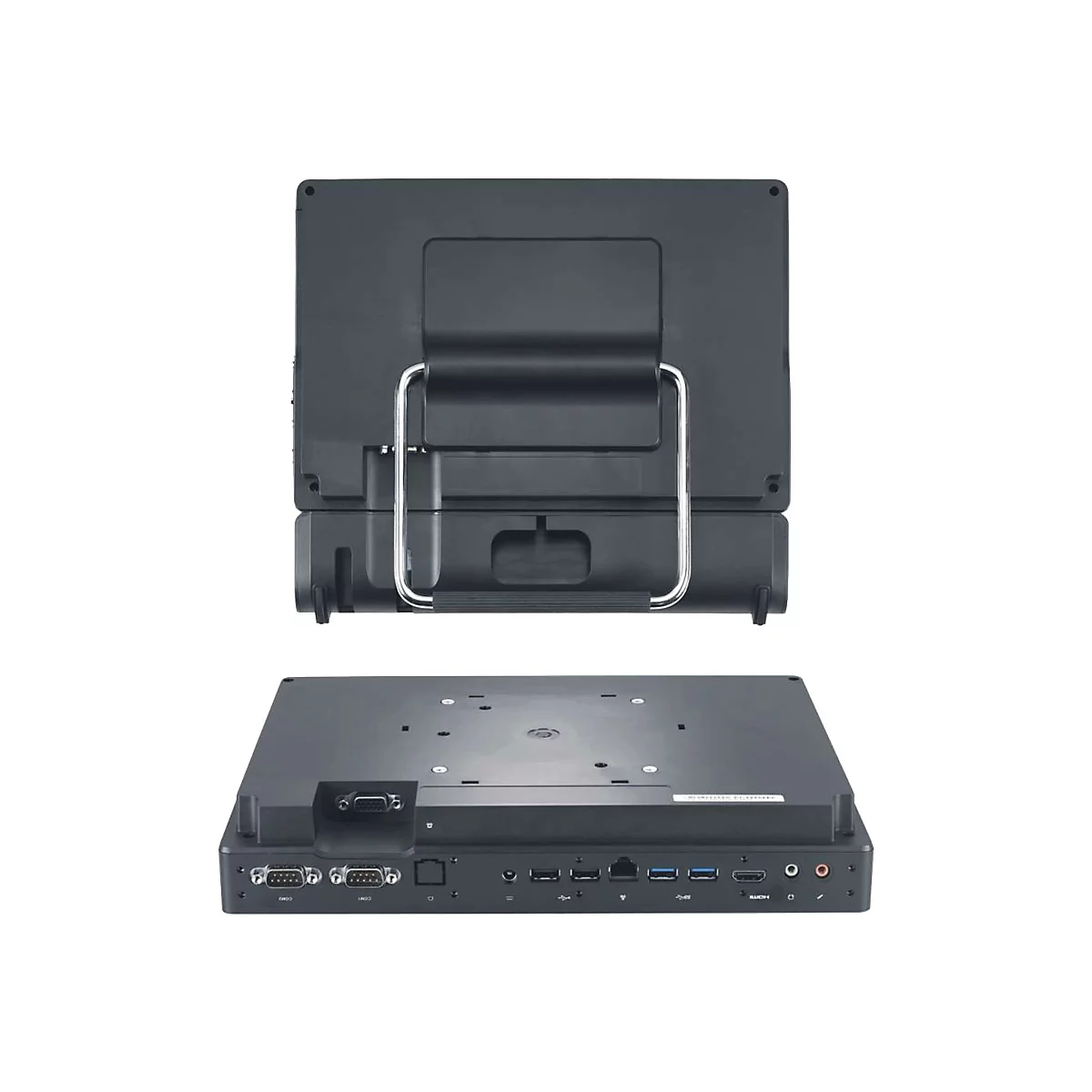 Dunkelgraues Terminal mit Rückseite und Unterteil. Rückseite mit Griff, Unterteil mit Anschlüssen.