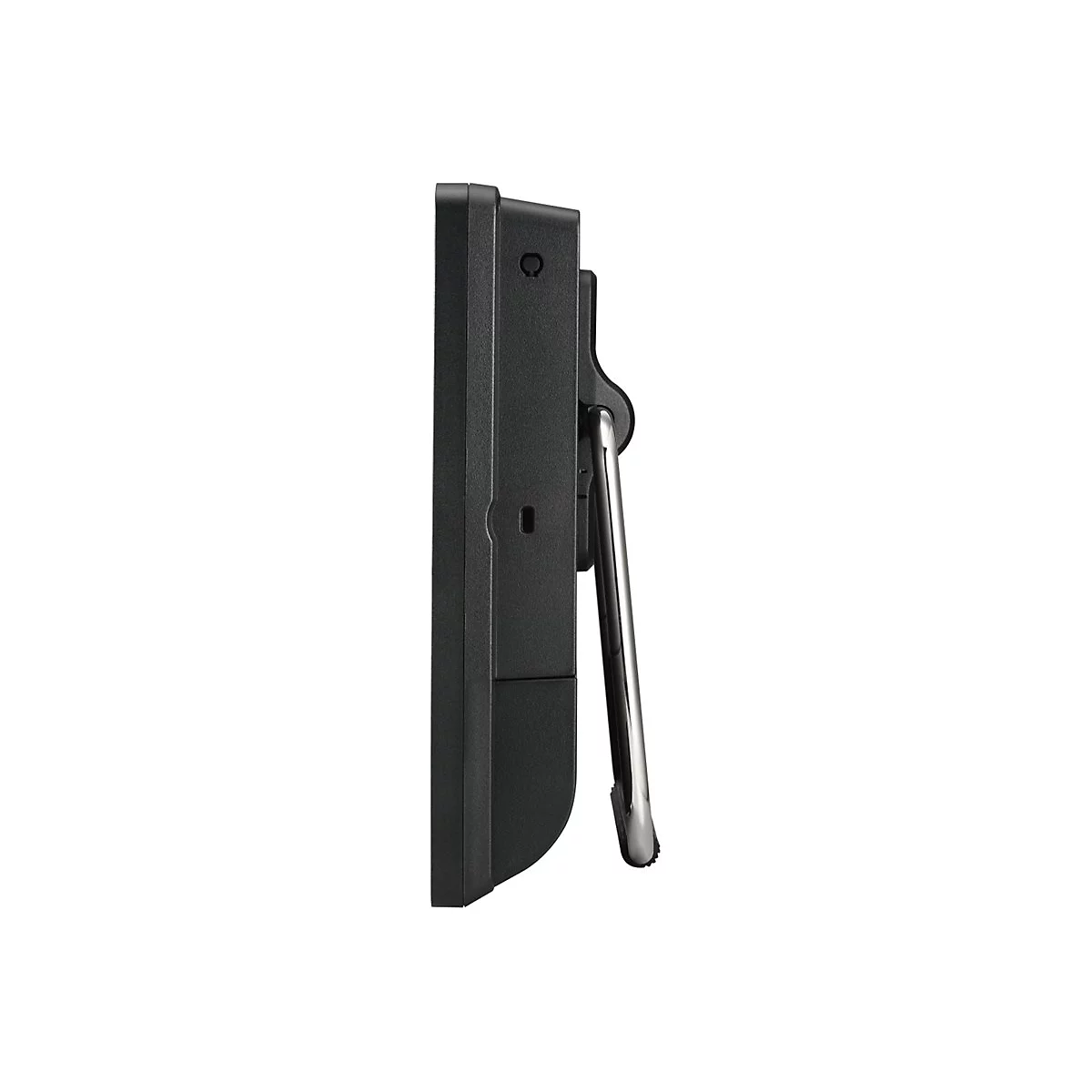 Schwarzes Tablet im Profil, mit ausklappbarem, silbernen Ständer.