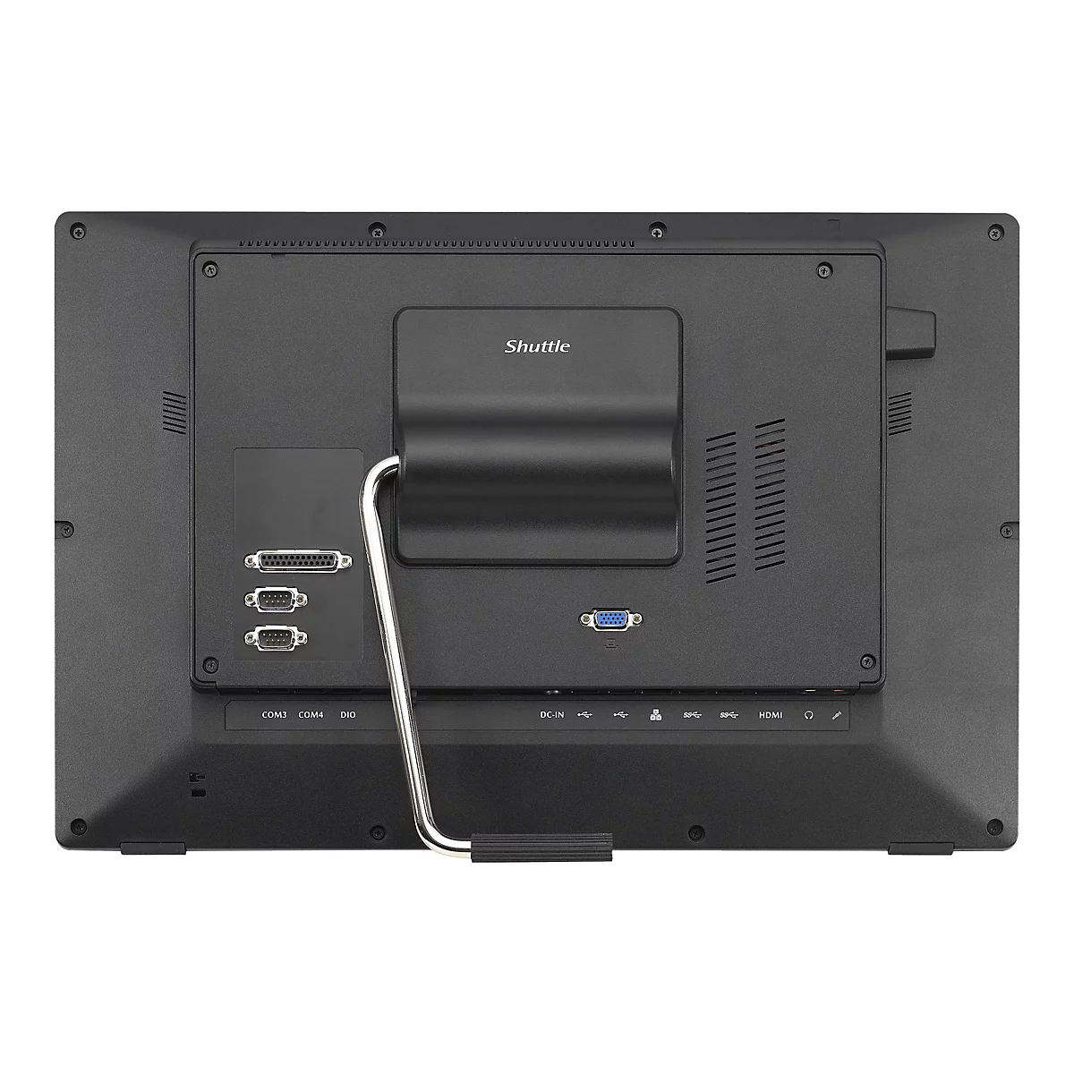 Rückseite eines schwarzen Shuttle-Monitors, mit Anschlüssen für Strom, USB, HDMI und weitere Schnittstellen.