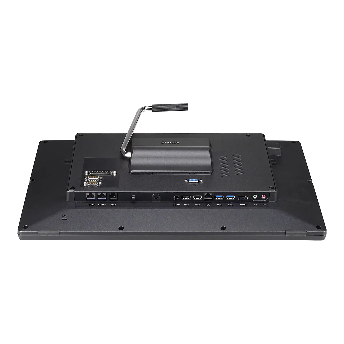 Rückseite eines schwarzen Shuttle-Monitors mit diversen Anschlüssen und einem Griff.