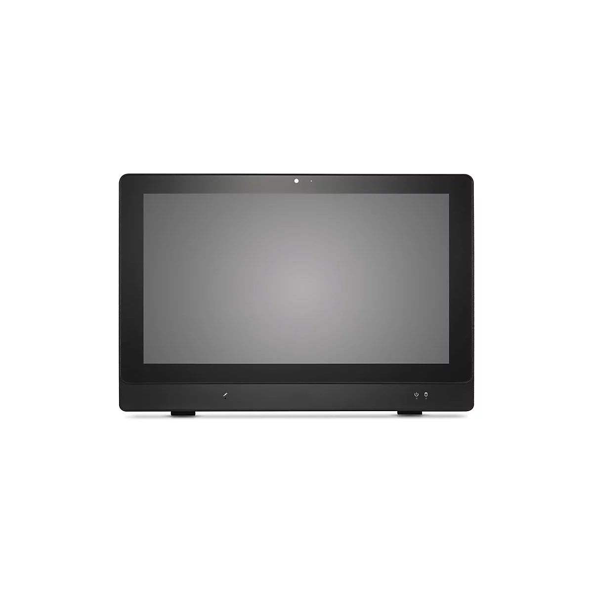 Schwarzer All-in-One-PC. Der Bildschirm ist grau, Kamera oben mittig, Ein- und Ausschalter unten rechts.