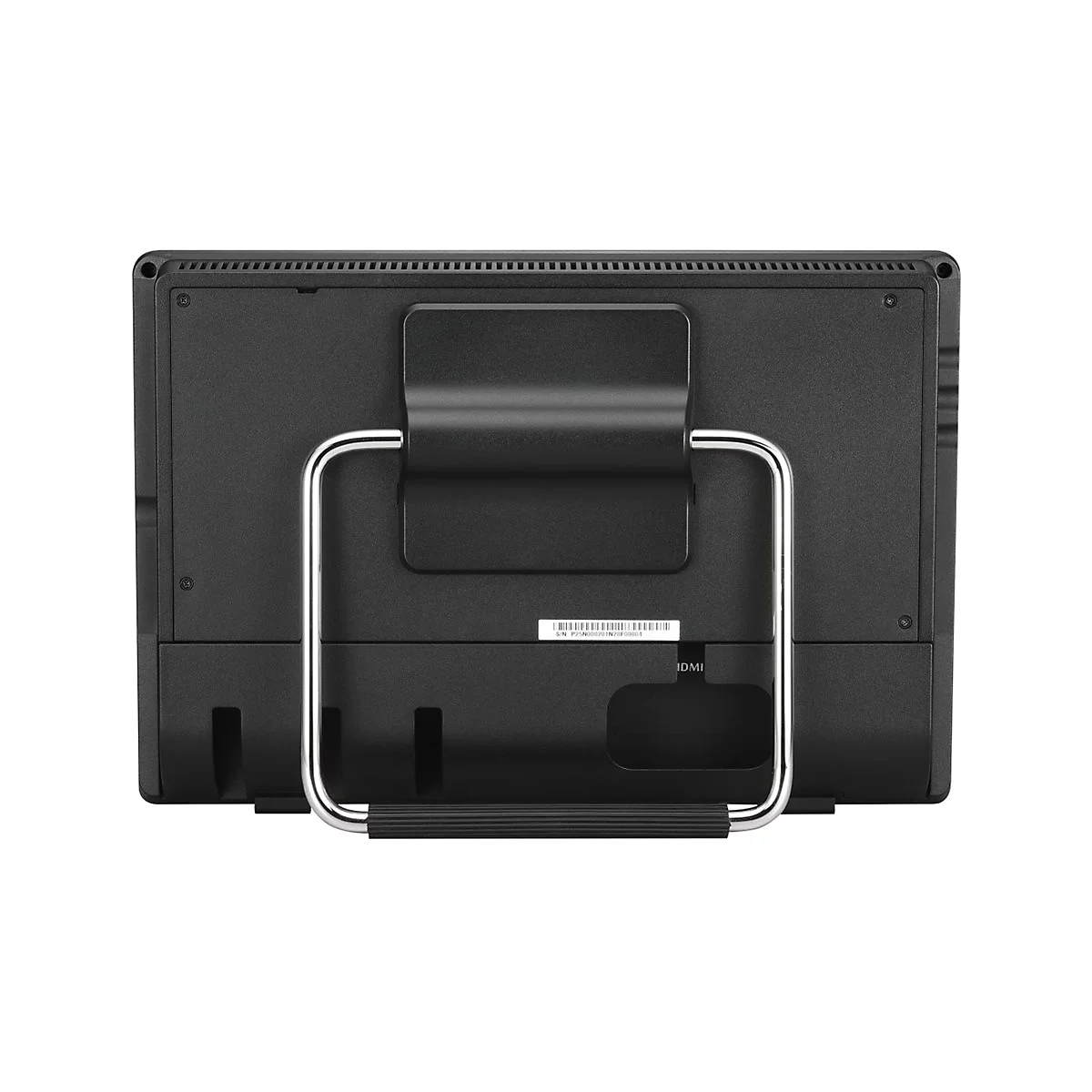 Rückseite eines schwarzen Monitors mit Standfuß. Aufkleber mit Text und Anschlüsse.