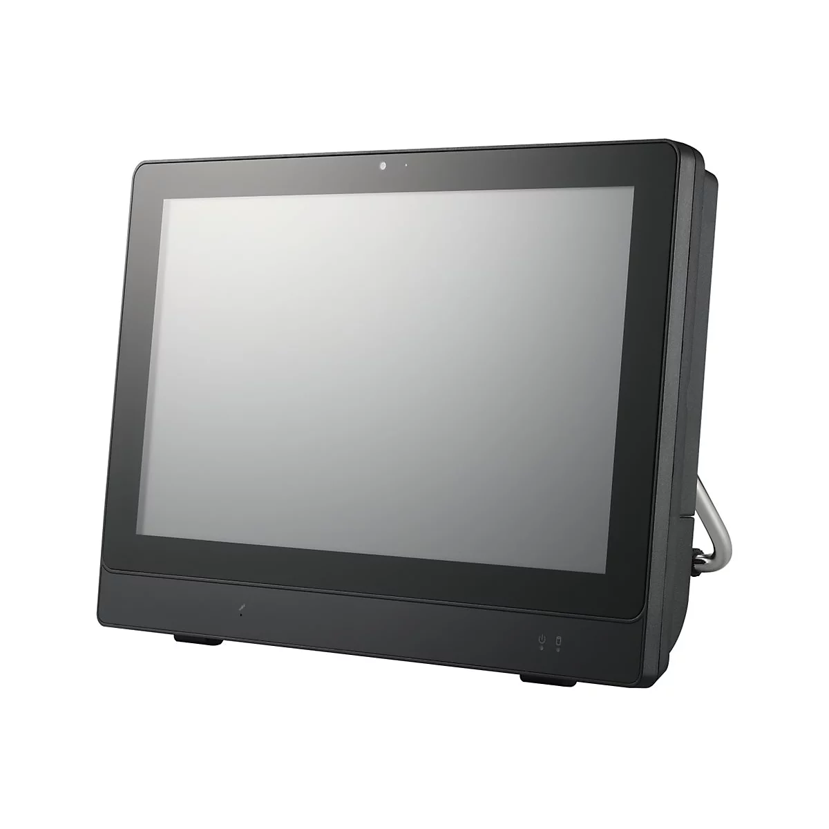 Ein schwarzer All-in-One-Computer mit großem Bildschirm und Webcam, vor weißem Hintergrund.