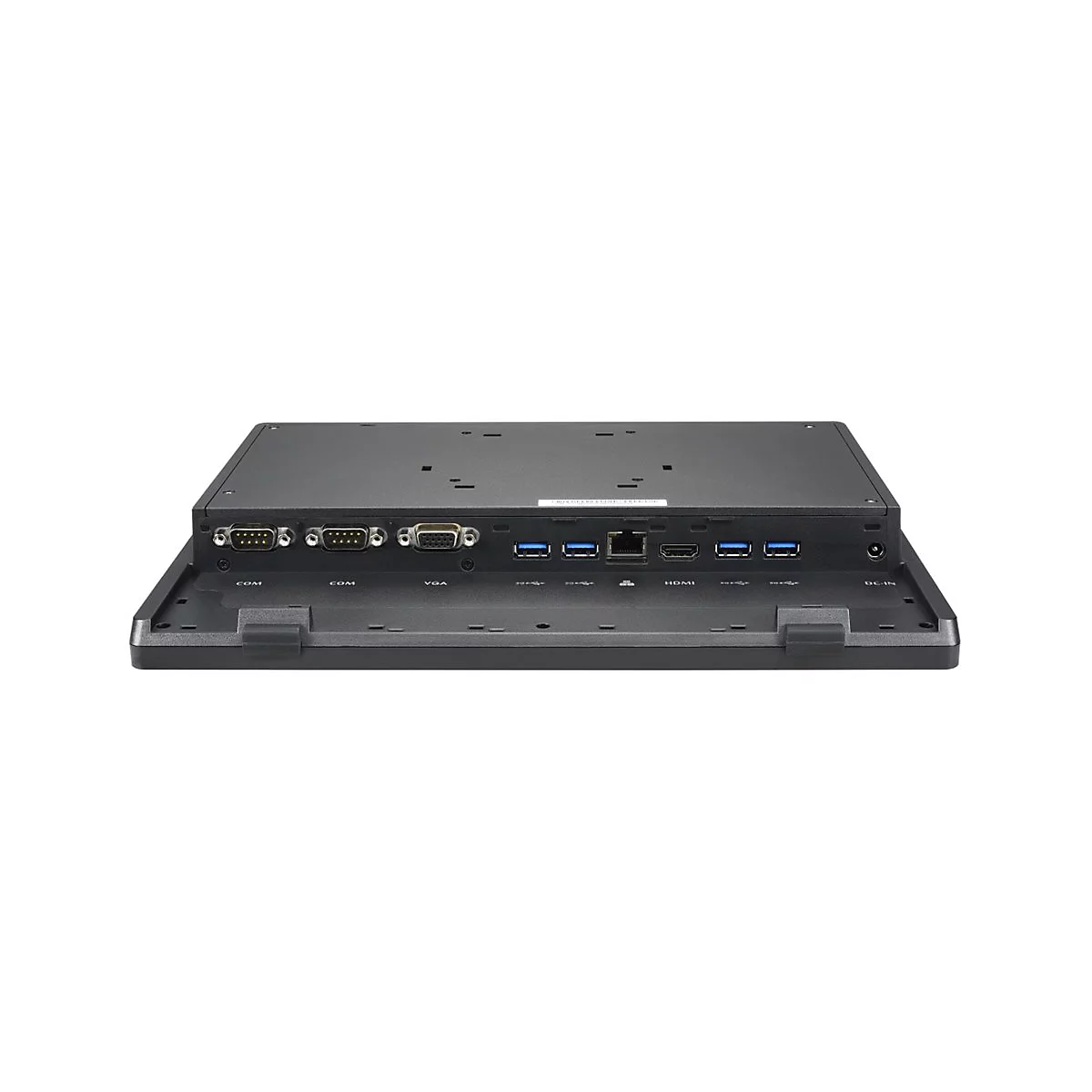 Schwarzer Touchscreen-Computer, Rückseite mit Anschlüssen, darunter COM, VGA, HDMI und USB.