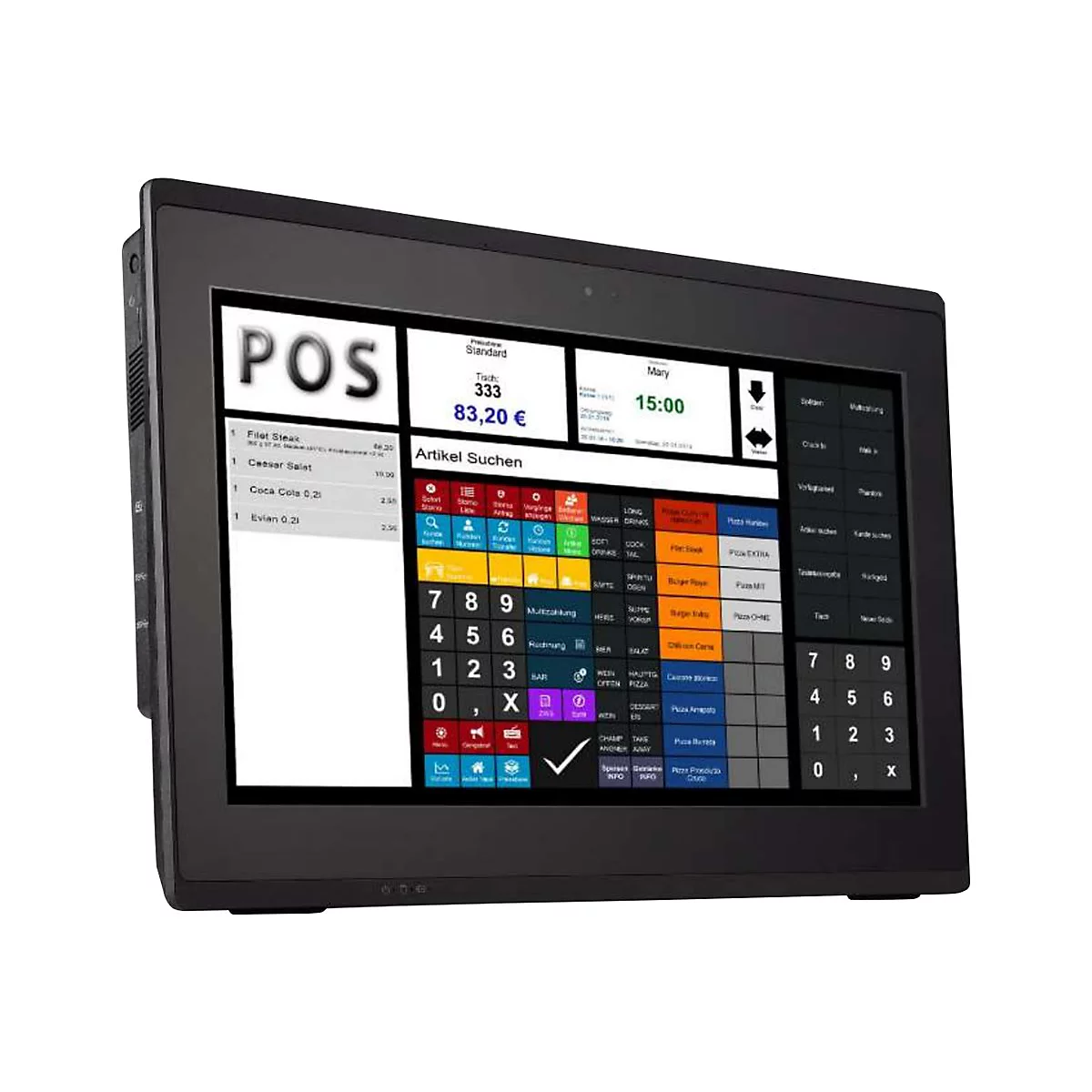 Schwarzes Touchscreen-Kassensystem mit Menü und Zahlenfeld.