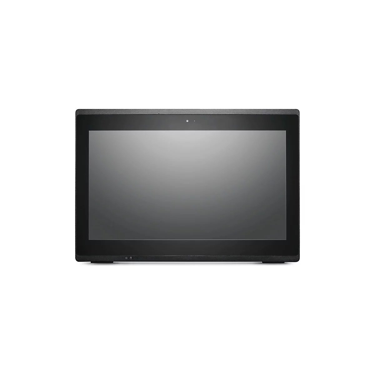 Ein schwarzes Tablet mit grossem Bildschirm, Kamera und Power-Taste.