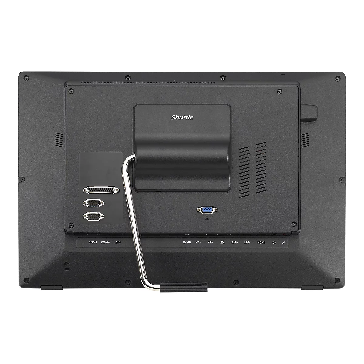 Rückseite eines schwarzen Shuttle-Monitors mit diversen Anschlüssen und einem Metallbügel.