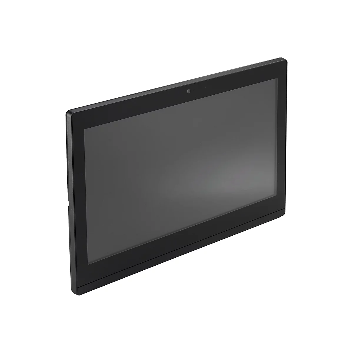 Ein schwarzes Tablet aus der Perspektive von oben, diagonal zur Kamera. Die Frontkamera ist oben mittig.