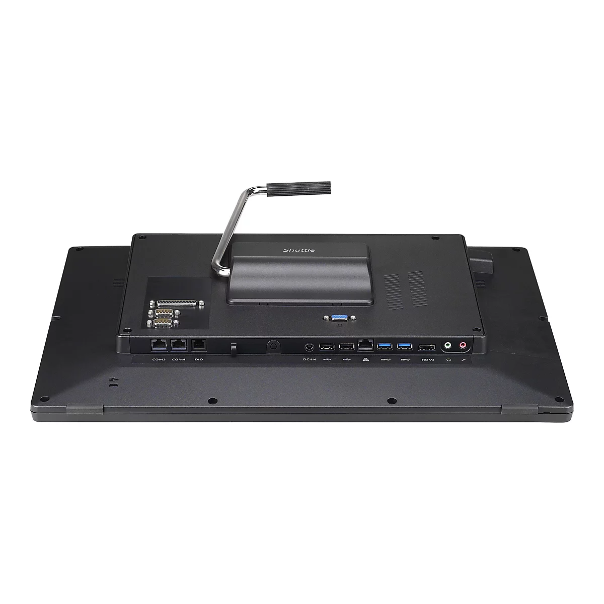 Rückseite eines schwarzen Shuttle-Computers. Sichtbar sind Anschlüsse wie USB, HDMI, Audio, LAN. Ein silberner Griff ist oben angebracht.