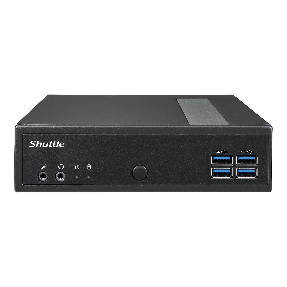Schwarzer Shuttle-Mini-PC. Auf der Vorderseite: Logo, Audio-Anschlüsse, USB-Anschlüsse. Auf der Oberseite ein grauer Streifen.