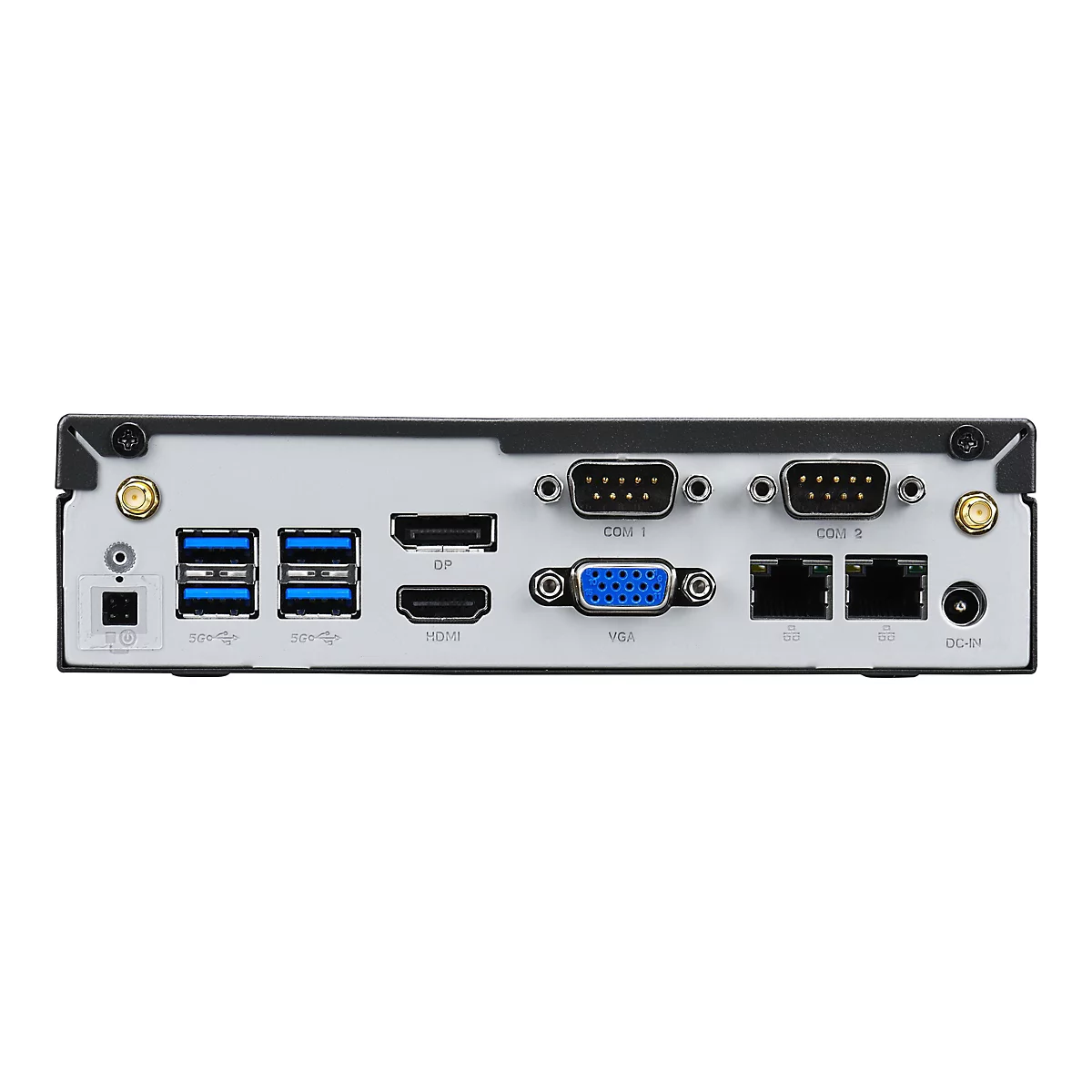 Rückseite eines schwarzen Mini-Computers mit Anschlüssen für USB, HDMI, VGA und COM. Darunter sind Beschriftungen zu sehen.