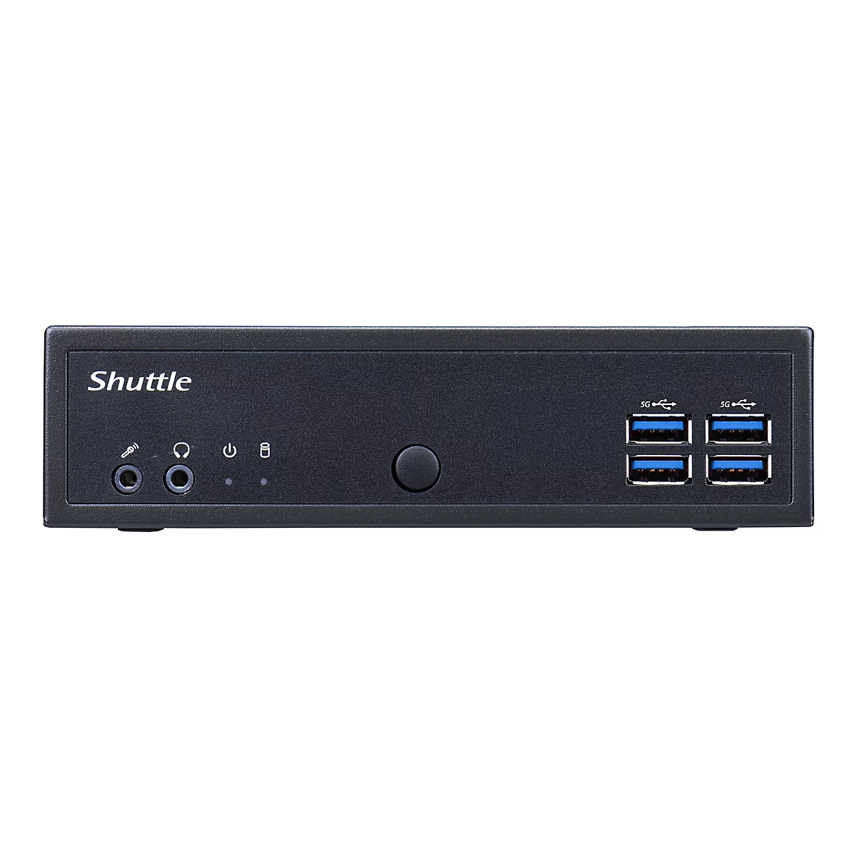 Schwarzer Shuttle-PC, vorne befinden sich Anschlüsse und USB-Ports. Das Logo "Shuttle" ist oben links zu sehen.