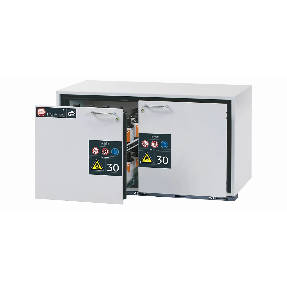 Sicherheits-Unterbauschrank Typ 30 asecos UB-S-30, 2 Schubladen, Front Lichtgrau, B 1102 x T 574 x H 600 mm