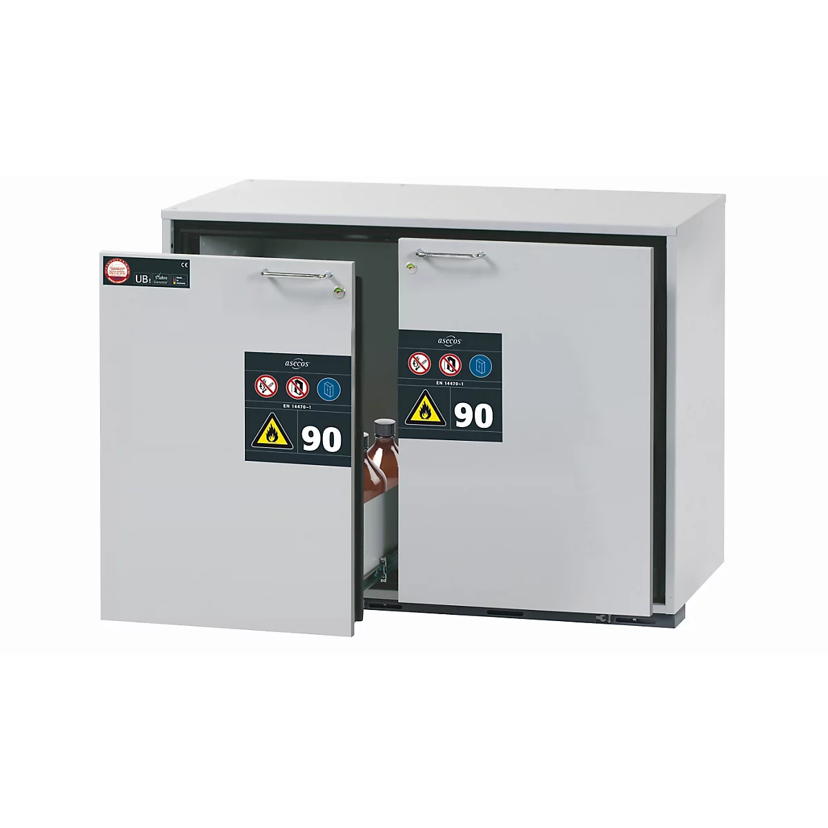Sicherheits-Unterbauschrank Typ 90 asecos UB-S-90, 2 Schubladen, Front Lichtgrau, B 1102 x T 600 x H 800 mm