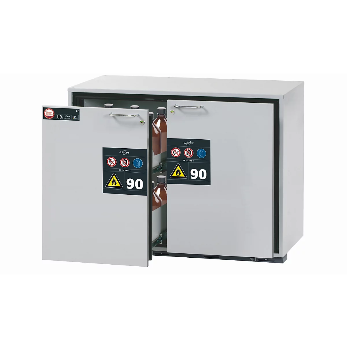 Sicherheits-Unterbauschrank Typ 90 asecos UB-S-90, 2 Schubladen, Front Lichtgrau, B 1102 x T 600 x H 800 mm