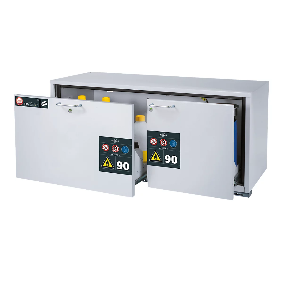 Sicherheits-Unterbauschrank Typ 90 asecos UB-S-90, 2 Schubladen, Front Lichtgrau, B 1402 x T 574 x H 600 mm