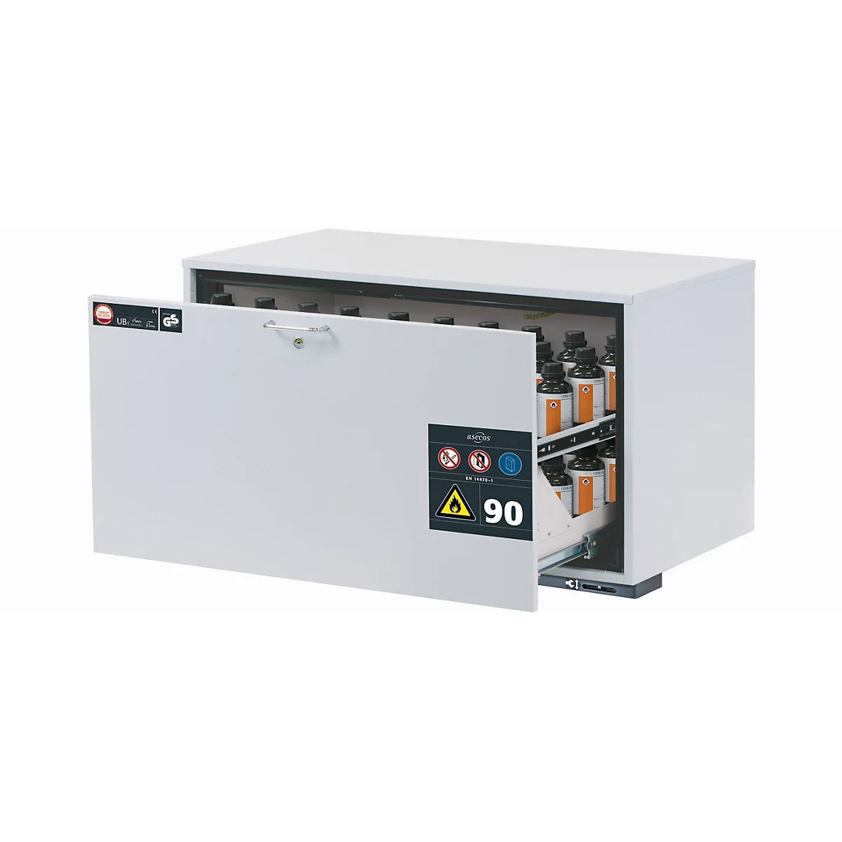 Sicherheits-Unterbauschrank Typ 90 asecos UB-S-90, Schublade, Front Lichtgrau, B 1102 x T 574 x H 600 mm