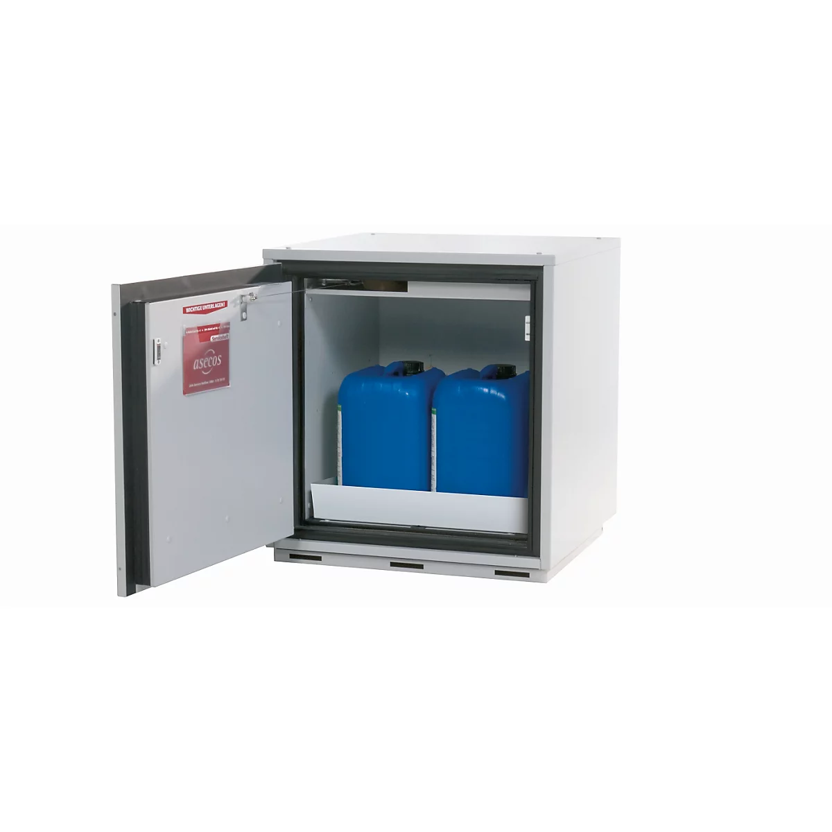 Sicherheits-Unterbauschrank Typ 90 asecos UB-T-90, Flügeltür, Anschlag links, Front Lichtgrau, B 593 x T 574 x H 600 mm