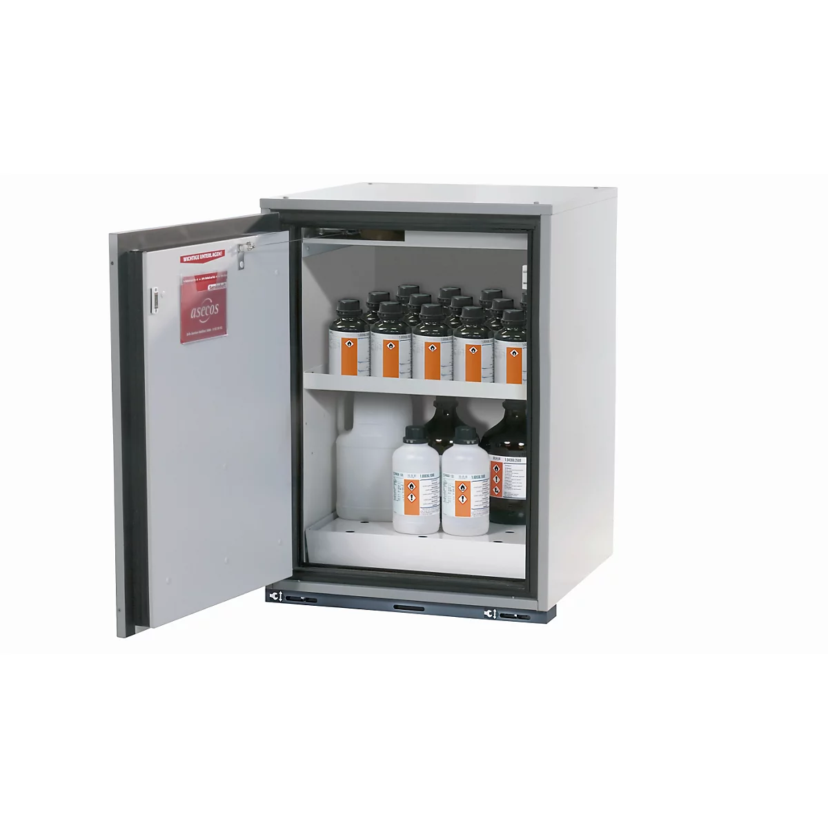 Sicherheits-Unterbauschrank Typ 90 asecos UB-T-90, Flügeltür, Anschlag links, Front Lichtgrau, B 593 x T 600 x H 800 mm