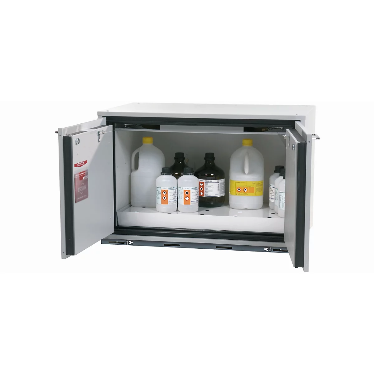 Sicherheits-Unterbauschrank Typ 90 asecos UB-T-90, Flügeltüren, Front Lichtgrau, B 893 x T 574 x H 600 mm