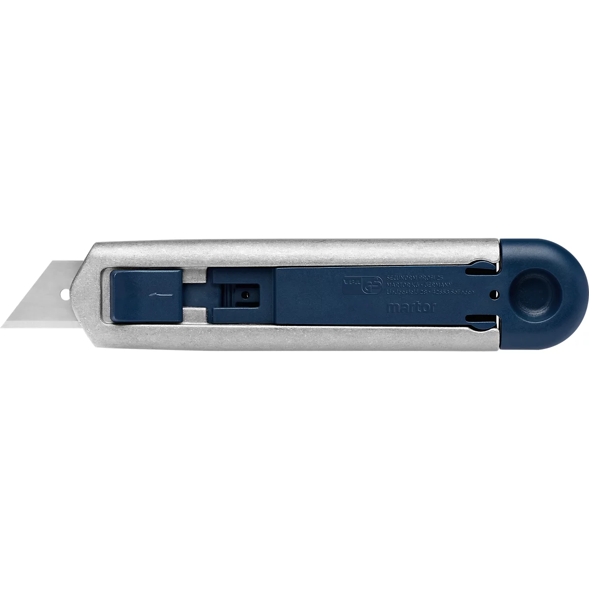 Sicherheitsmesser Martor Secunorm Profi25 MDP, werkzeugloser Klingenwechsel, metalldetektierbar, L 143 x B 17 x H 31 mm, Stahl/Aluminium/Kunststoff, blau