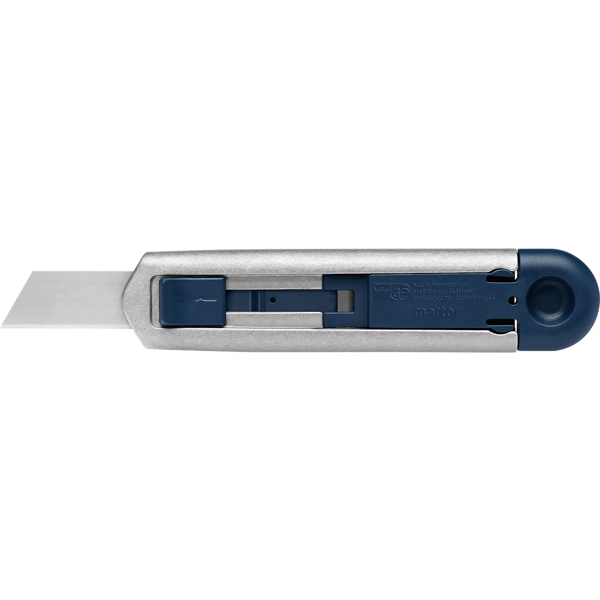 Sicherheitsmesser Martor Secunorm Profi40 MDP, ergonomisch, metalldetektierbar, L 143 x B 17 x H 31 mm, rostfreier Stahl/Aluminium/Kunststoff, blau