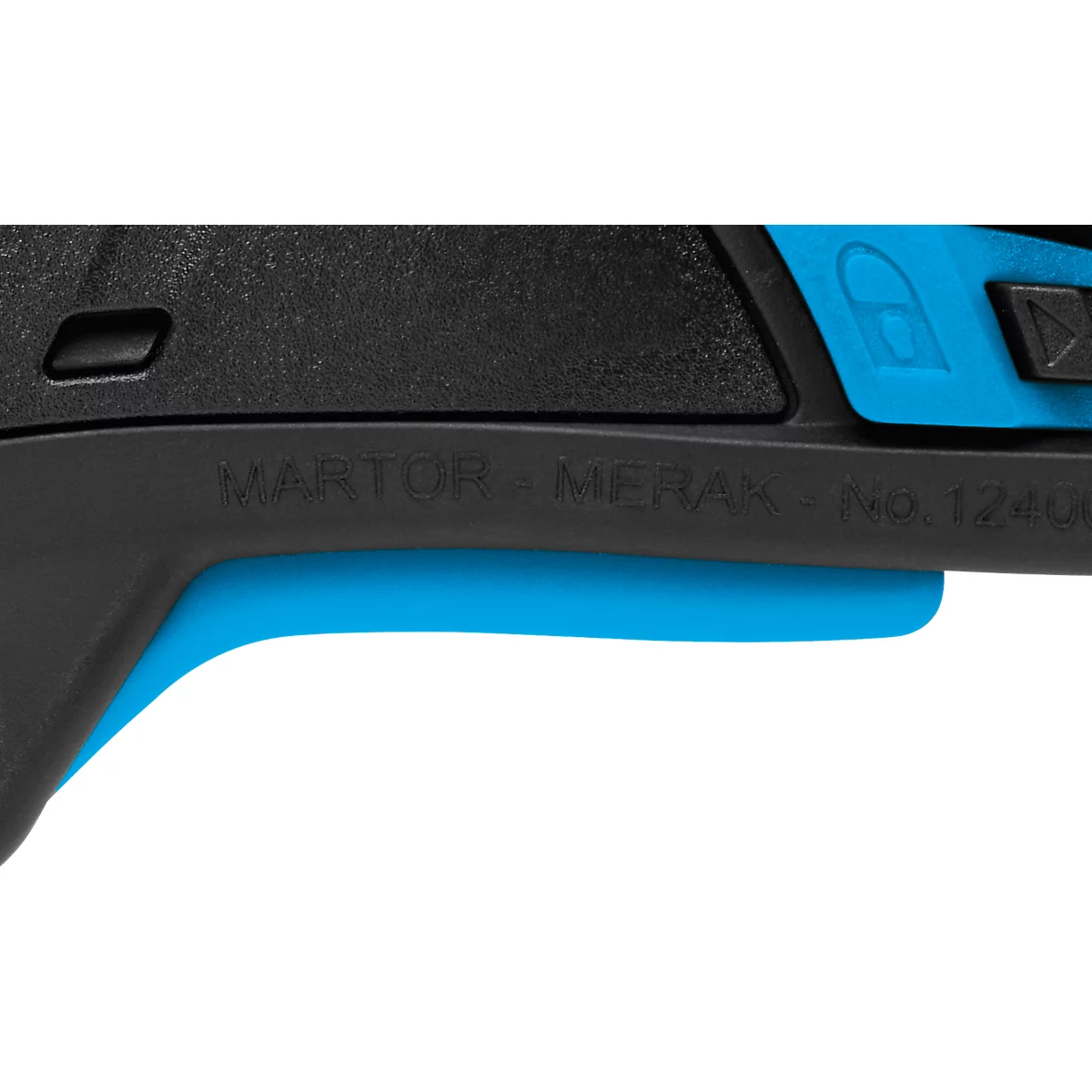 Sicherheitsmesser Martor Secupro Merak, ergonomisch, Sicherungsknopf, mit Halteöse, L 128 x B 18 x H 50 mm, Stahl/GFK, blau-schwarz