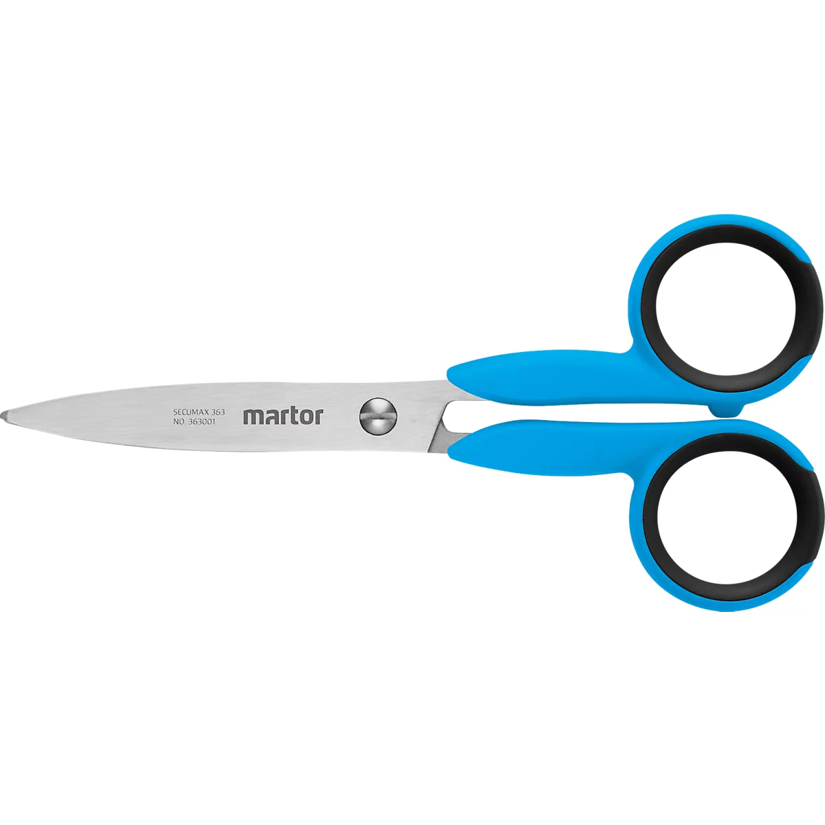 Sicherheitsschere Martor Secumax 363, ergonomisch, Soft-Grip, Spezialschliff, L 140 x H 63 mm, rostfreier Stahl/GFK, blau-schwarz