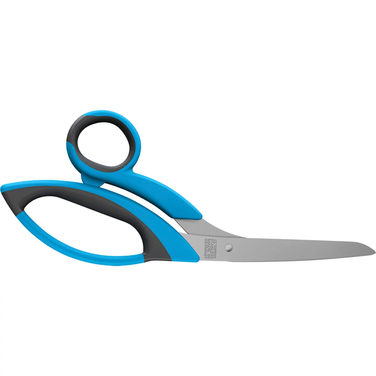 Blaue Schere mit grauen Akzenten. Die Griffe sind blau, der obere Teil ist dunkelgrau.