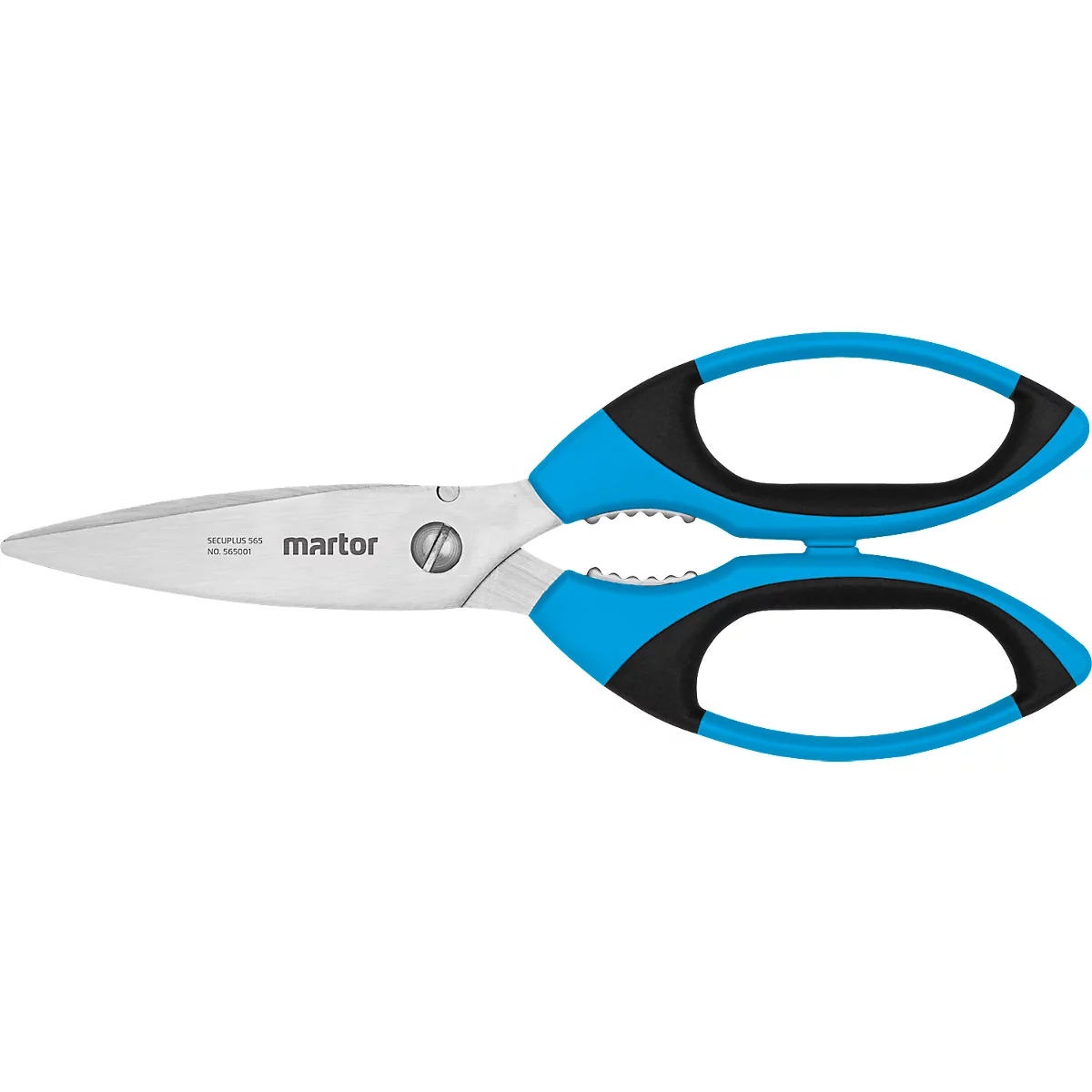Blaue und schwarze Schere mit silbernen Klingen, auf denen das Wort „martor“ steht.
