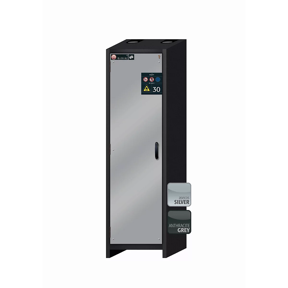 Sicherheitsschrank Typ 30 asecos Q-CLASSIC-30, Flügeltür, Anschlag links, Front asecos Silber, B 564 x T 620 x H 1947 mm