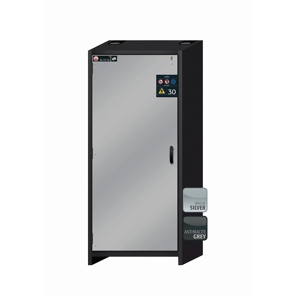 Schwarzer Schrank mit silberner Front, Griff, und technischen Details. Farbauswahl: Silber oder Anthrazit Grau.