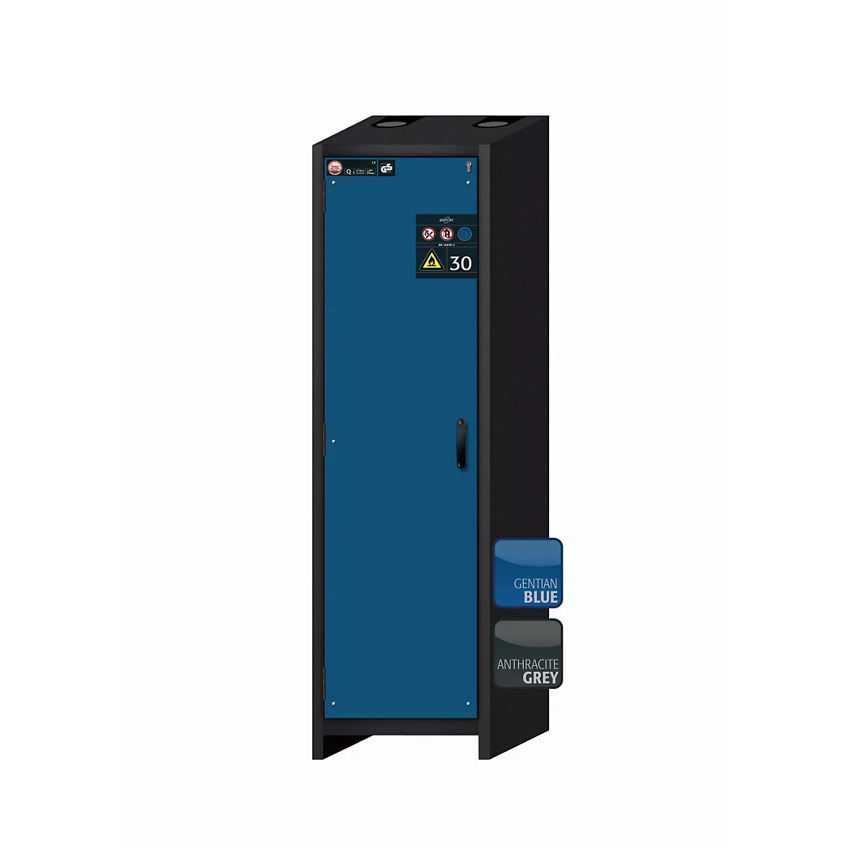 Sicherheitsschrank Typ 30 asecos Q-CLASSIC-30, Flügeltür, Anschlag links, Front Enzianblau, B 564 x T 620 x H 1947 mm
