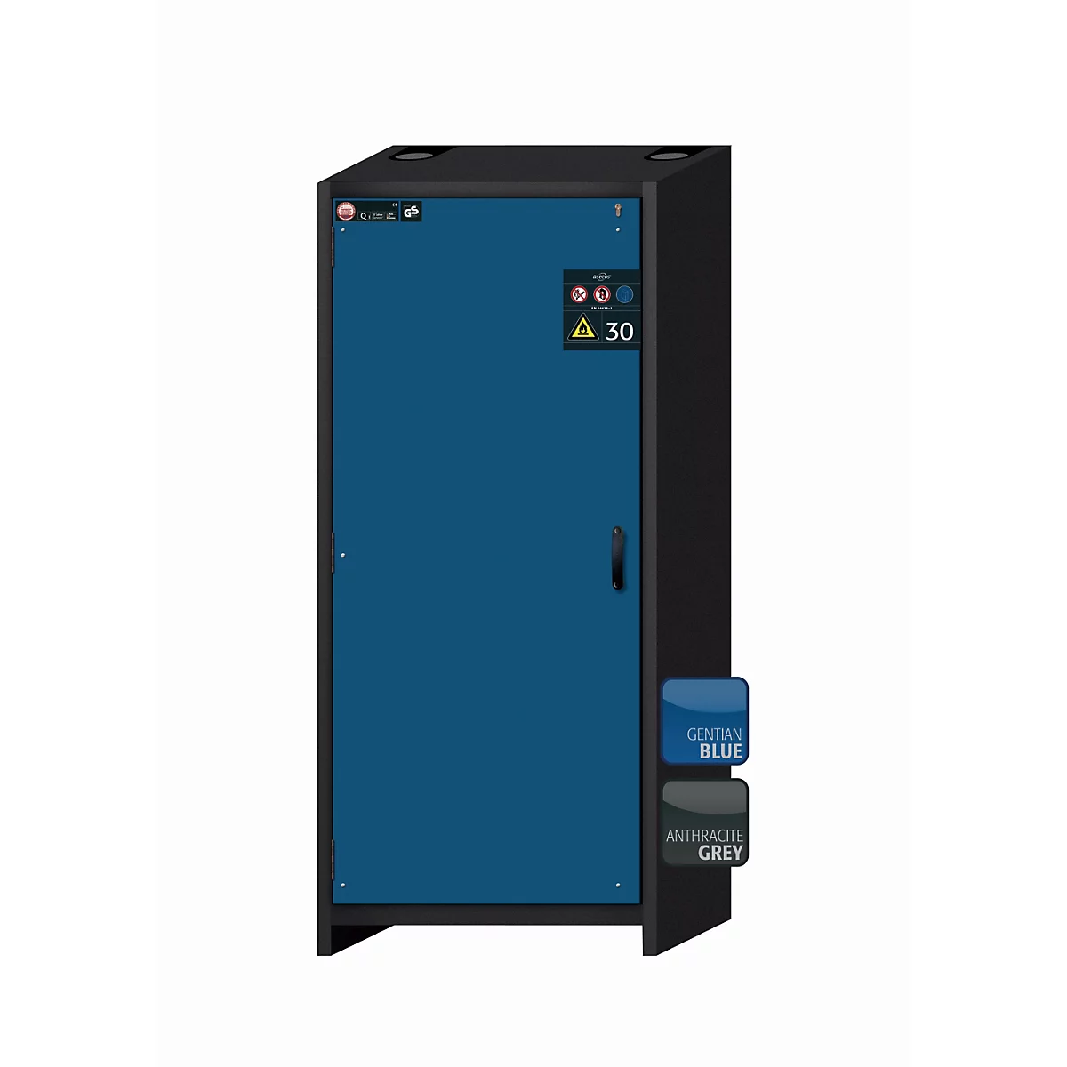 Schwarzer Schrank mit blauer Tür und Griff. Oben zwei Lüftungsöffnungen, darunter ein Bedienfeld mit Symbolen. Farbmuster für Blau und Grau.