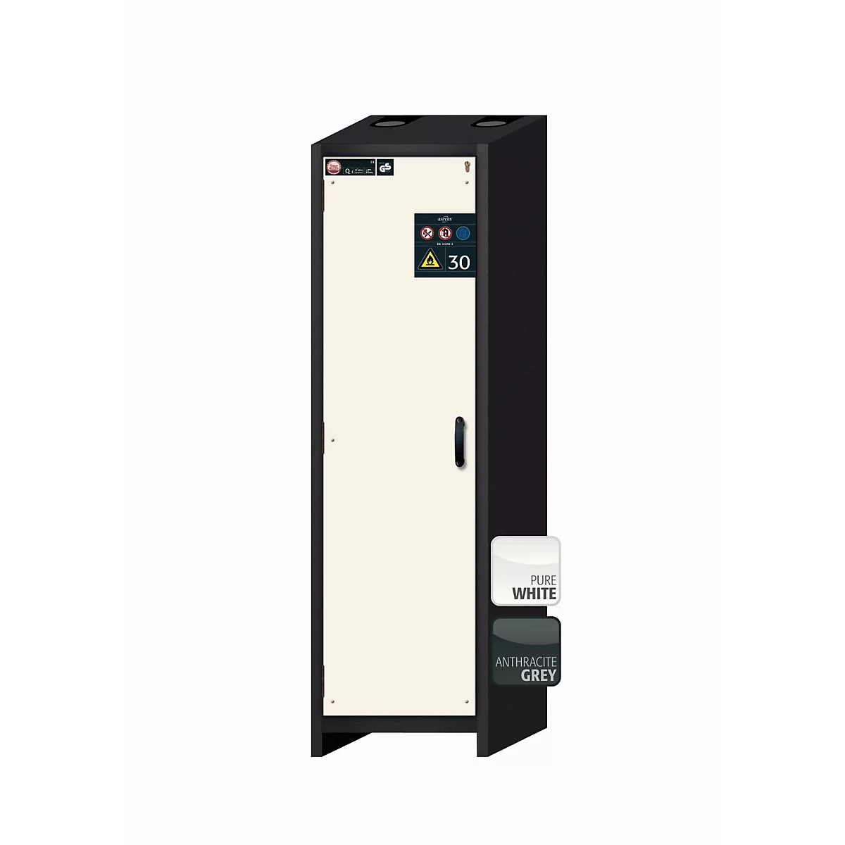 Sicherheitsschrank Typ 30 asecos Q-CLASSIC-30, Flügeltür, Anschlag links, Front Reinweiß, B 564 x T 620 x H 1947 mm