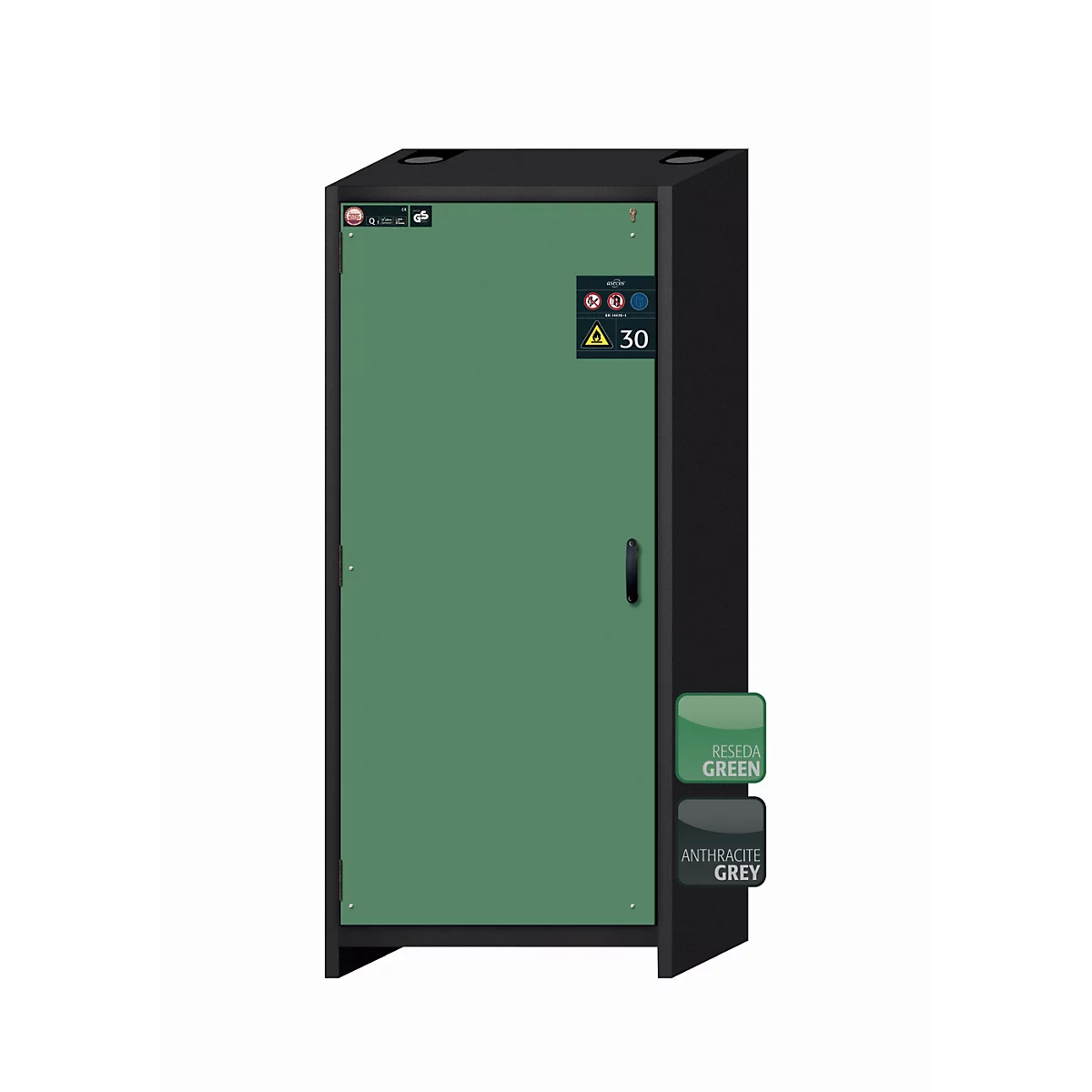 Grüner Schaltschrank mit schwarzem Rahmen und Griff. Farbmuster für „Reseda Green“ und „Anthrazitgrau“.