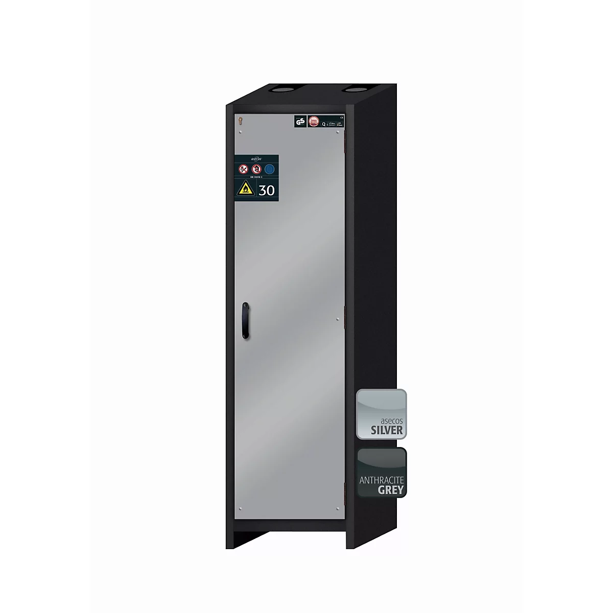 Sicherheitsschrank Typ 30 asecos Q-CLASSIC-30, Flügeltür, Anschlag rechts, Front asecos Silber, B 564 x T 620 x H 1947 mm