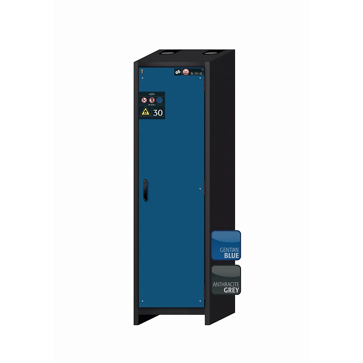 Sicherheitsschrank Typ 30 asecos Q-CLASSIC-30, Flügeltür, Anschlag rechts, Front Enzianblau, B 564 x T 620 x H 1947 mm