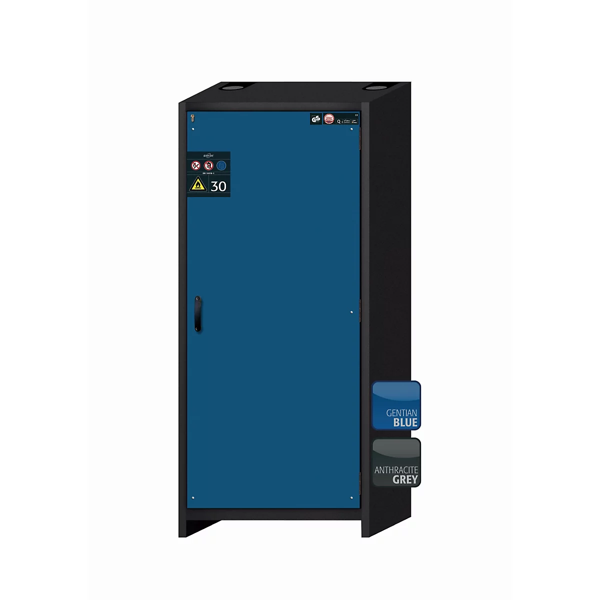 Schwarzer Schrank mit blauer Tür, Griff und Warnschild. Farbauswahl Centurian Blue/Anthrazitgrau.