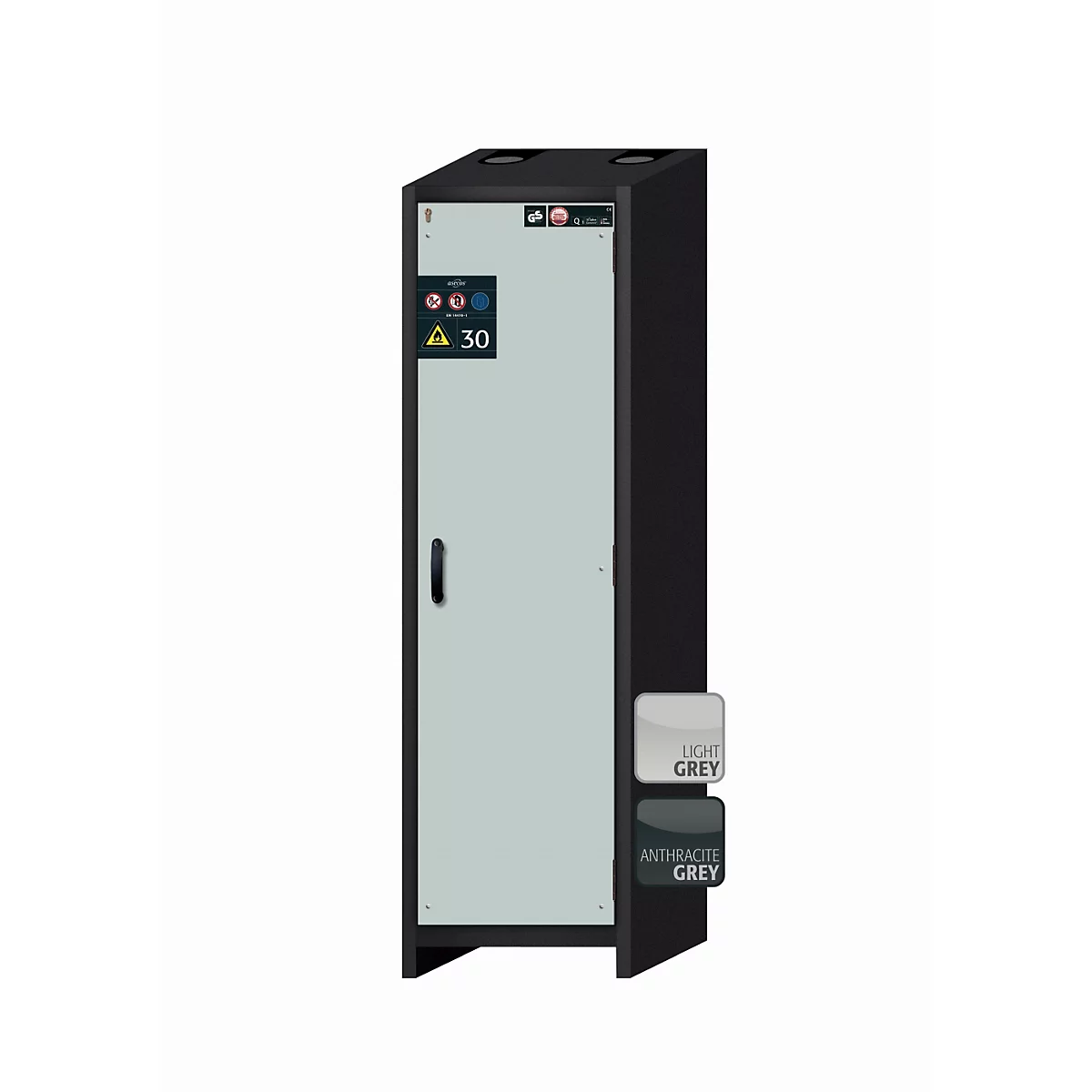 Sicherheitsschrank Typ 30 asecos Q-CLASSIC-30, Flügeltür, Anschlag rechts, Front Lichtgrau, B 564 x T 620 x H 1947 mm