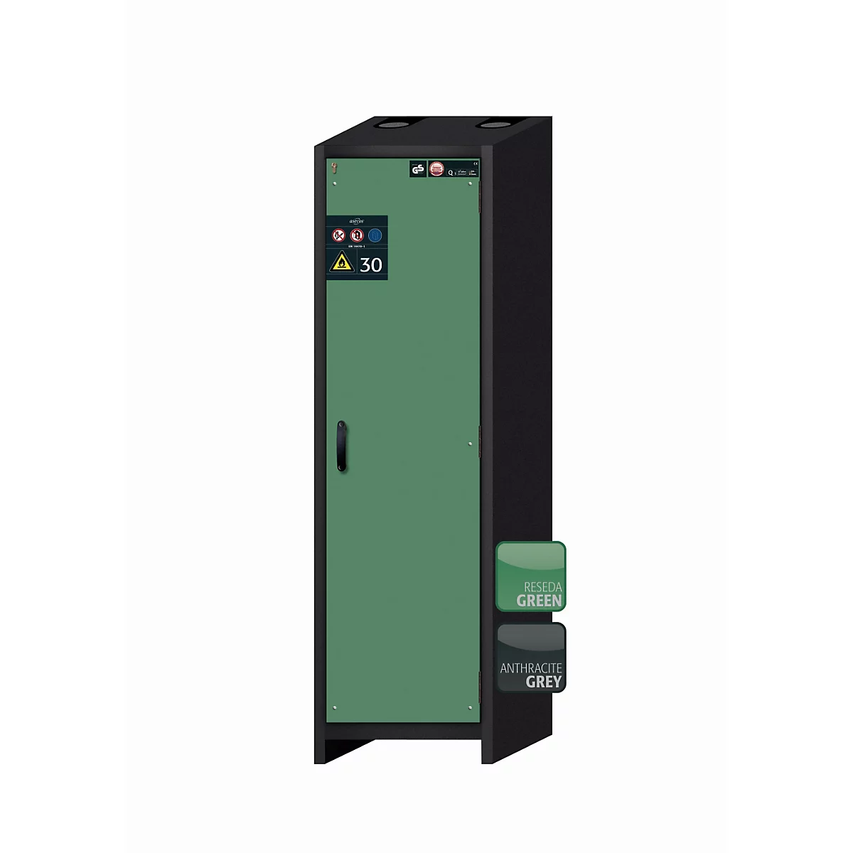 Sicherheitsschrank Typ 30 asecos Q-CLASSIC-30, Flügeltür, Anschlag rechts, Front Resedagrün, B 564 x T 620 x H 1947 mm
