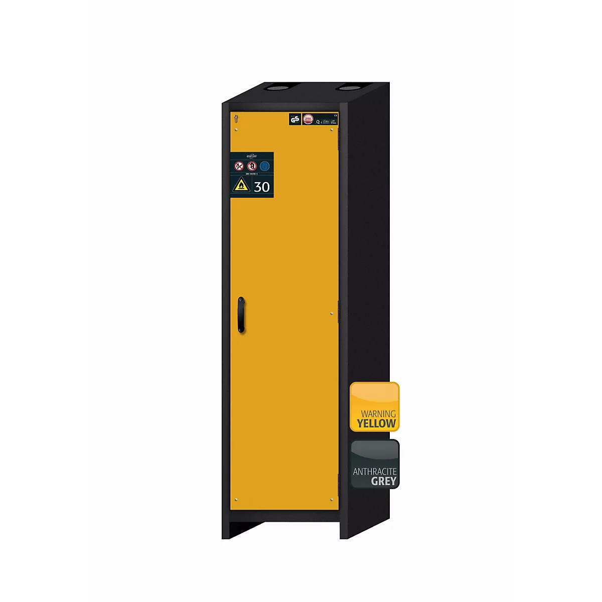 Sicherheitsschrank Typ 30 asecos Q-CLASSIC-30, Flügeltür, Anschlag rechts, Front Sicherheitsgelb, B 564 x T 620 x H 1947 mm